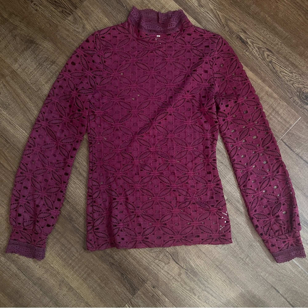 Free People Intimately Lace Mock Neck Top Burgundy Boho Long Sleeve size S